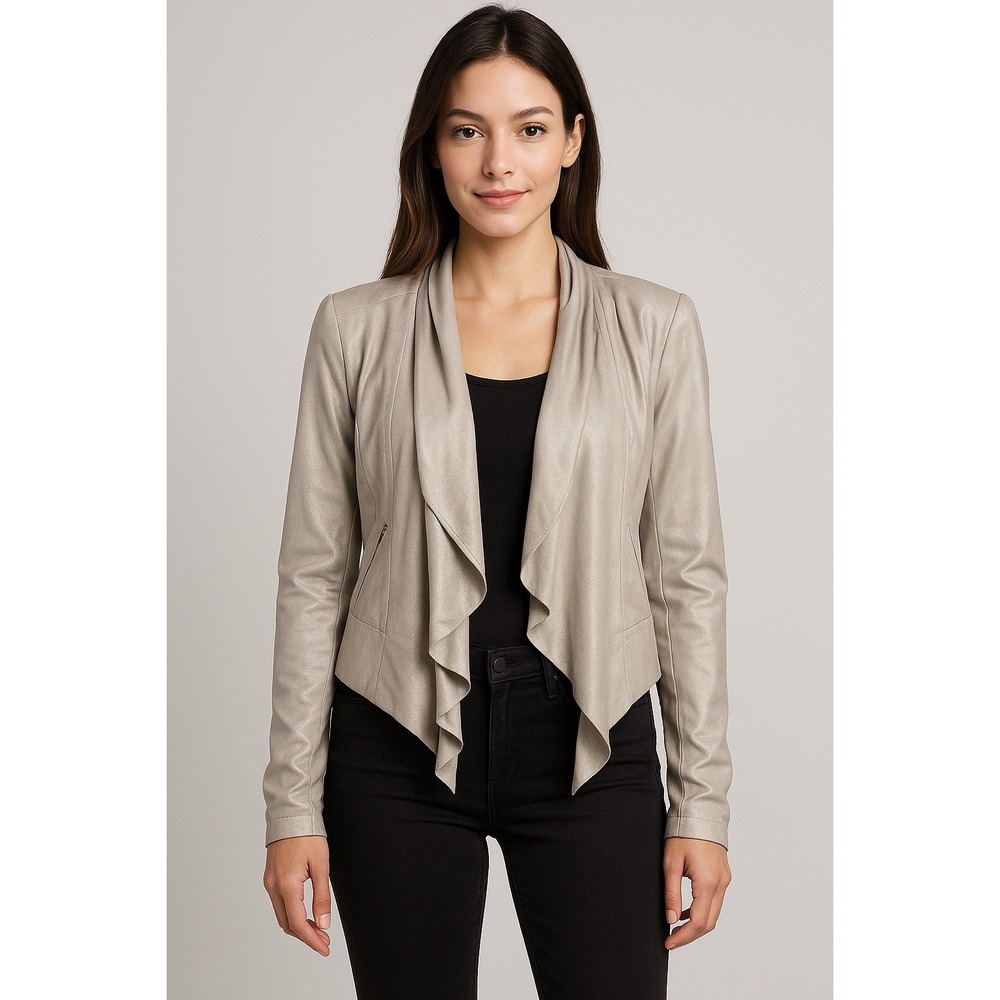Rock & Republic Drape Front Jacket Women Small Silver Faux Leather Look